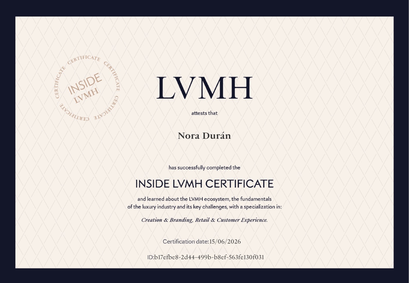 Inside LVMH certificate awarded to Nora Durán