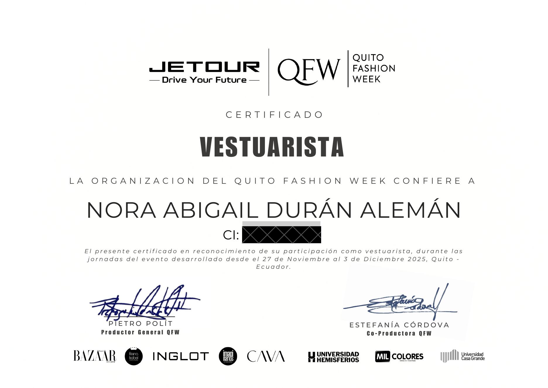 Quito Fashion Week wardrobe participation certificate